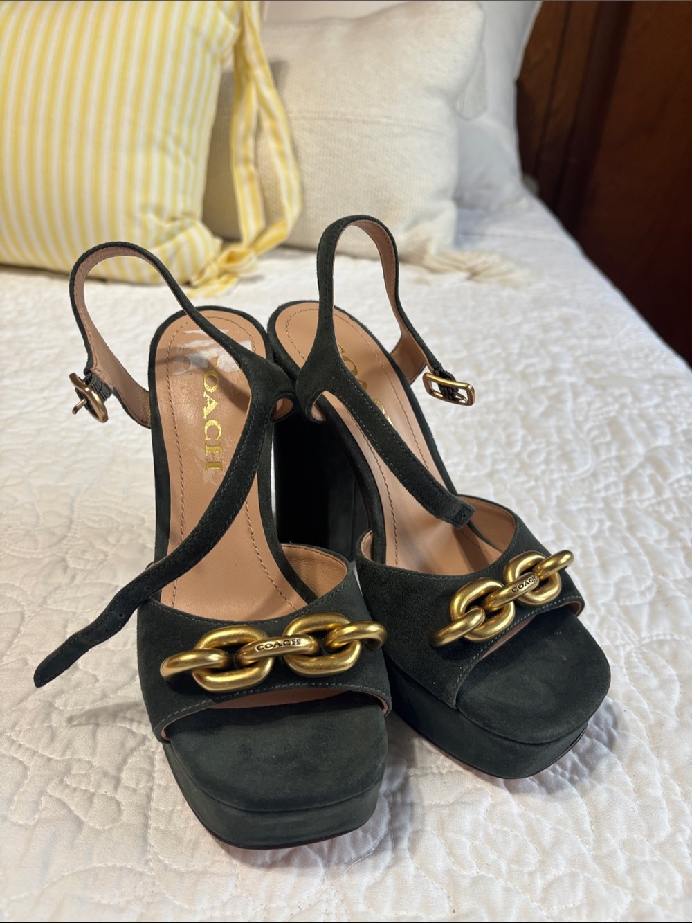 Coach Green Suede Platform Slingback Sandals with Gold Chain Accent